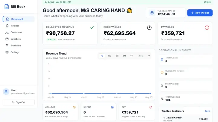 Bill Book invoice and dashboard screenshot